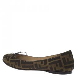Pre Owned Fendi Brown Zucca Canvas Bow Ballet Flats Size 37.5