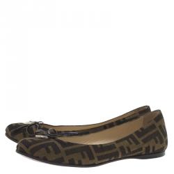 Pre Owned Fendi Brown Zucca Canvas Bow Ballet Flats Size 37.5