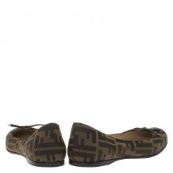 Pre Owned Fendi Brown Zucca Canvas Bow Ballet Flats Size 37.5