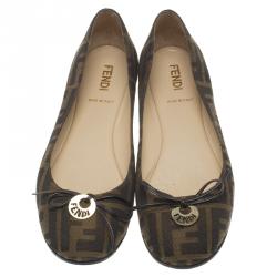 Pre Owned Fendi Brown Zucca Canvas Bow Ballet Flats Size 37.5