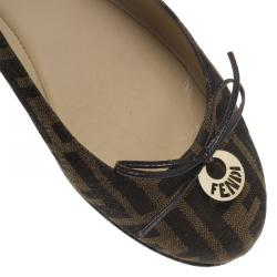 Pre Owned Fendi Brown Zucca Canvas Bow Ballet Flats Size 37.5