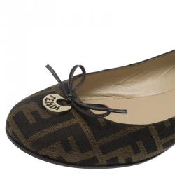 Pre Owned Fendi Brown Zucca Canvas Bow Ballet Flats Size 37.5