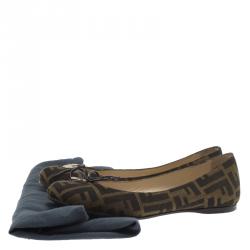 Pre Owned Fendi Brown Zucca Canvas Bow Ballet Flats Size 37.5