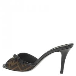 Pre Owned Fendi Brown Zucca Canvas and Leather Sabot Bow Slides Size 38
