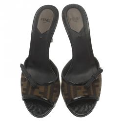 Pre Owned Fendi Brown Zucca Canvas and Leather Sabot Bow Slides Size 38
