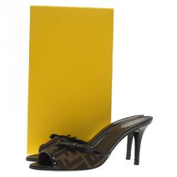 Pre Owned Fendi Brown Zucca Canvas and Leather Sabot Bow Slides Size 38