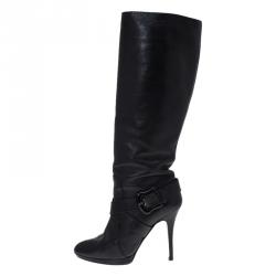 Pre Owned Fendi Black Leather Buckle Knee Length Boots Size 40