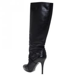 Pre Owned Fendi Black Leather Buckle Knee Length Boots Size 40