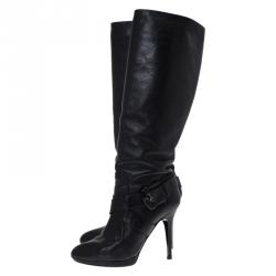 Pre Owned Fendi Black Leather Buckle Knee Length Boots Size 40