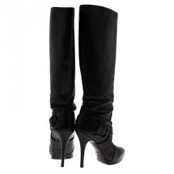 Pre Owned Fendi Black Leather Buckle Knee Length Boots Size 40