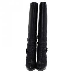 Pre Owned Fendi Black Leather Buckle Knee Length Boots Size 40