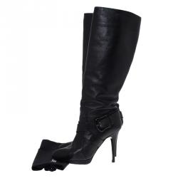 Pre Owned Fendi Black Leather Buckle Knee Length Boots Size 40