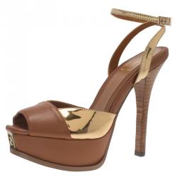 Pre Owned Fendi Brown and Gold Leather Platform Ankle Strap Sandals Size 39