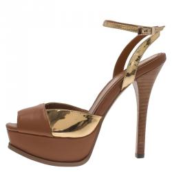 Pre Owned Fendi Brown and Gold Leather Platform Ankle Strap Sandals Size 39