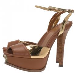 Pre Owned Fendi Brown and Gold Leather Platform Ankle Strap Sandals Size 39