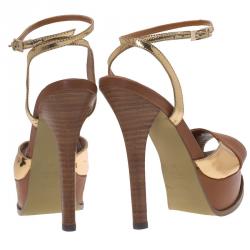 Pre Owned Fendi Brown and Gold Leather Platform Ankle Strap Sandals Size 39