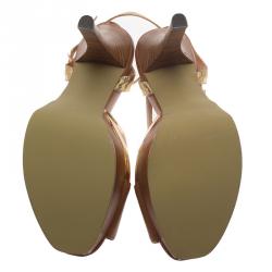 Pre Owned Fendi Brown and Gold Leather Platform Ankle Strap Sandals Size 39