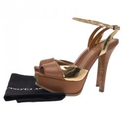 Pre Owned Fendi Brown and Gold Leather Platform Ankle Strap Sandals Size 39