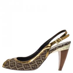 Fendi Gold Leather and Zucchino Canvas Peep Toe Slingback Sandals Size 40