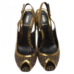 Fendi Gold Leather and Zucchino Canvas Peep Toe Slingback Sandals Size 40