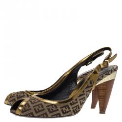 Fendi Gold Leather and Zucchino Canvas Peep Toe Slingback Sandals Size 40