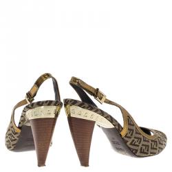 Fendi Gold Leather and Zucchino Canvas Peep Toe Slingback Sandals Size 40