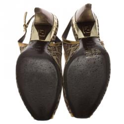 Fendi Gold Leather and Zucchino Canvas Peep Toe Slingback Sandals Size 40