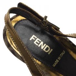Fendi Gold Leather and Zucchino Canvas Peep Toe Slingback Sandals Size 40