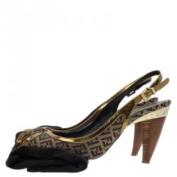 Fendi Gold Leather and Zucchino Canvas Peep Toe Slingback Sandals Size 40