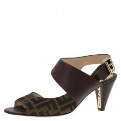 Pre Owned Fendi Brown Leather and Zucca Canvas Open Toe Sandals Size 41