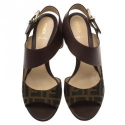 Pre Owned Fendi Brown Leather and Zucca Canvas Open Toe Sandals Size 41