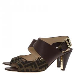 Pre Owned Fendi Brown Leather and Zucca Canvas Open Toe Sandals Size 41