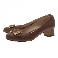 Pre Owned Fendi Brown Leather Chameleon Buckle Block Heel Pumps Size 40