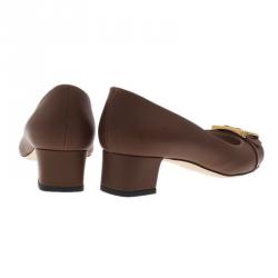 Pre Owned Fendi Brown Leather Chameleon Buckle Block Heel Pumps Size 40