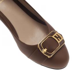 Pre Owned Fendi Brown Leather Chameleon Buckle Block Heel Pumps Size 40