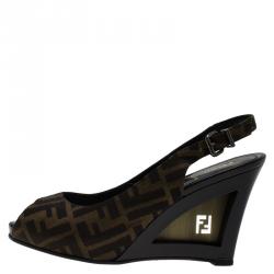 Pre Owned Fendi Brown Zucca Canvas Slingback Wedge Sandals Size 39