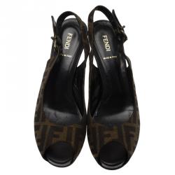 Pre Owned Fendi Brown Zucca Canvas Slingback Wedge Sandals Size 39
