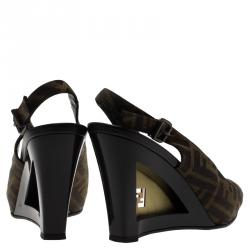 Pre Owned Fendi Brown Zucca Canvas Slingback Wedge Sandals Size 39