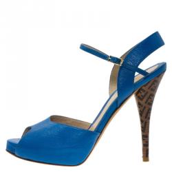 Pre Owned Fendi Blue Leather Zucchino Heel Sandals Size 38