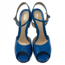 Pre Owned Fendi Blue Leather Zucchino Heel Sandals Size 38
