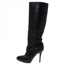 Pre Owned Fendi Black Leather B Buckle Knee Length Boots Size 39.5