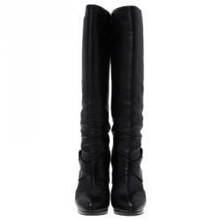 Pre Owned Fendi Black Leather B Buckle Knee Length Boots Size 39.5