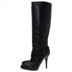 Pre Owned Fendi Black Leather B Buckle Knee Length Boots Size 39.5