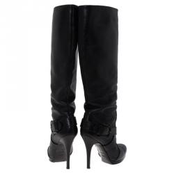 Pre Owned Fendi Black Leather B Buckle Knee Length Boots Size 39.5