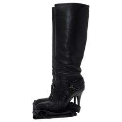 Pre Owned Fendi Black Leather B Buckle Knee Length Boots Size 39.5