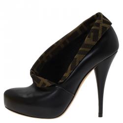 Pre Owned Fendi Brown Leather and Zucca Canvas Ankle Boots Size 37