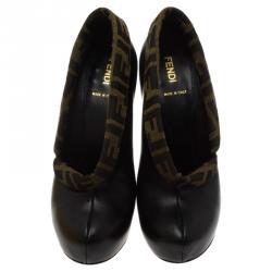 Pre Owned Fendi Brown Leather and Zucca Canvas Ankle Boots Size 37