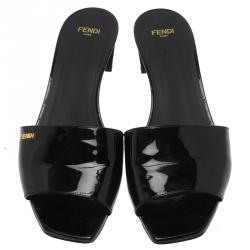 Pre Owned Fendi Black Patent Fantasia Slides Size 40