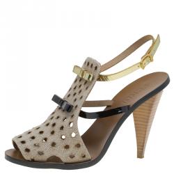 Pre Owned Fendi Beige Perforated Jute Bow Slingback Sandals Size 37