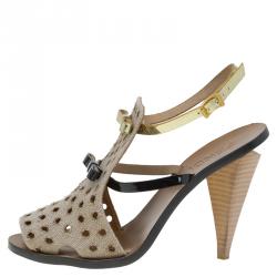 Pre Owned Fendi Beige Perforated Jute Bow Slingback Sandals Size 37
